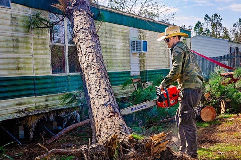 Storm-damaged tree leaning against a residential home before emergency tree removal service in Fenton, MO.