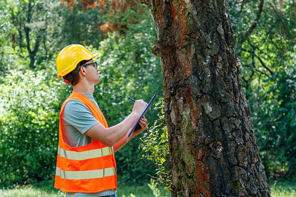 Certified arborist inspecting a storm-damaged tree to evaluate safety risks and recommend professional tree care services in Fenton, MO.